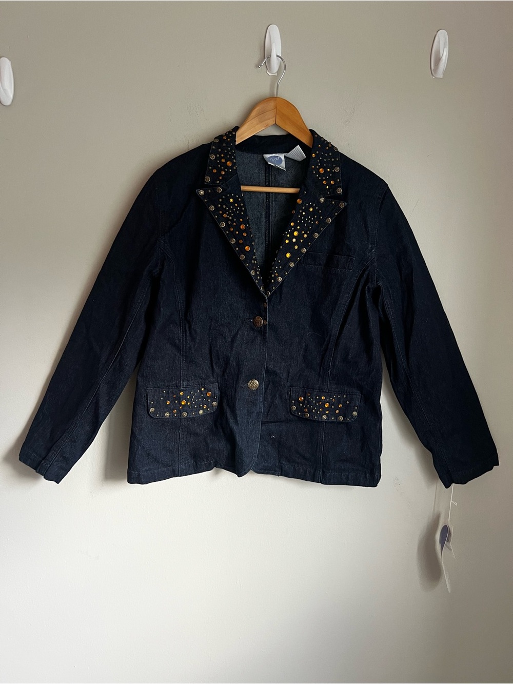 DG2 by Diane Gilman Navy Denim Blazer Jacket with Gold Stud Accents